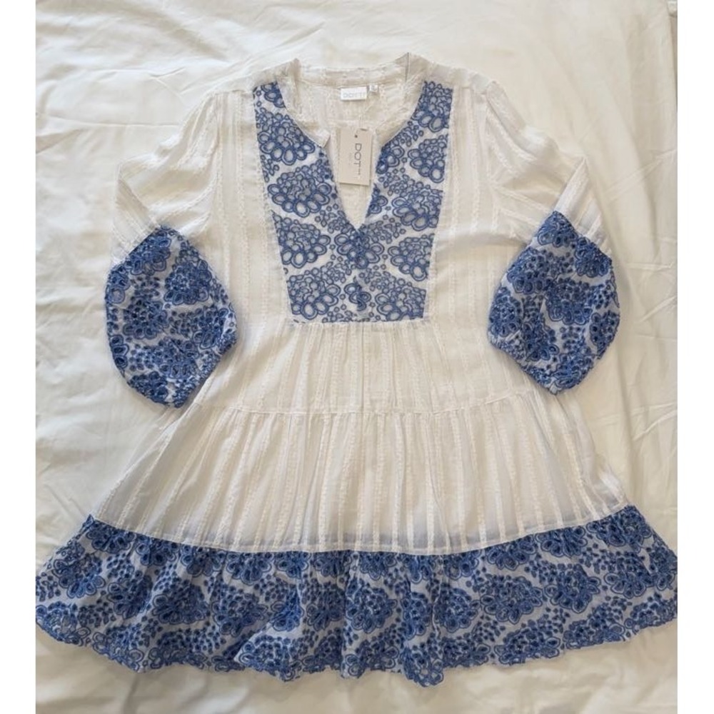 Dotti Women XL White Blue Floral Embroidered Tiered Boho Mini Dress Tunic NWT